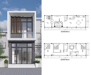bản vẽ thiết kế nhà 2 tầng 4 phòng ngủ, có gác lửng