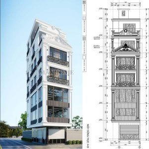 thiết kế nhà 2 mặt tiền kinh doanh, diện tích 40m2 tân cổ điển 6 tầng 1 tum