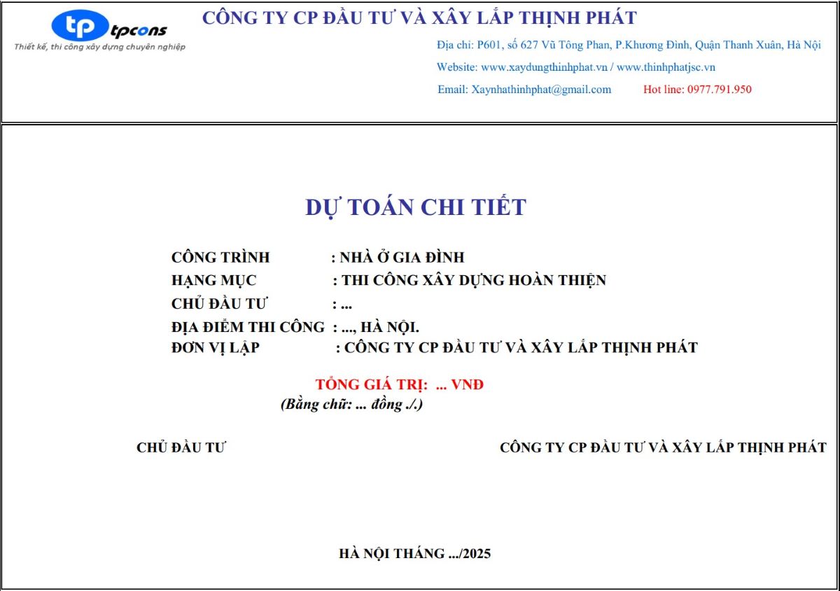 Bảng báo giá xây nhà trọn gói