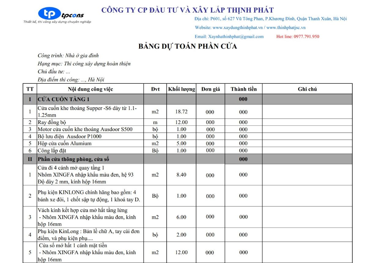 Bảng báo giá xây nhà trọn gói