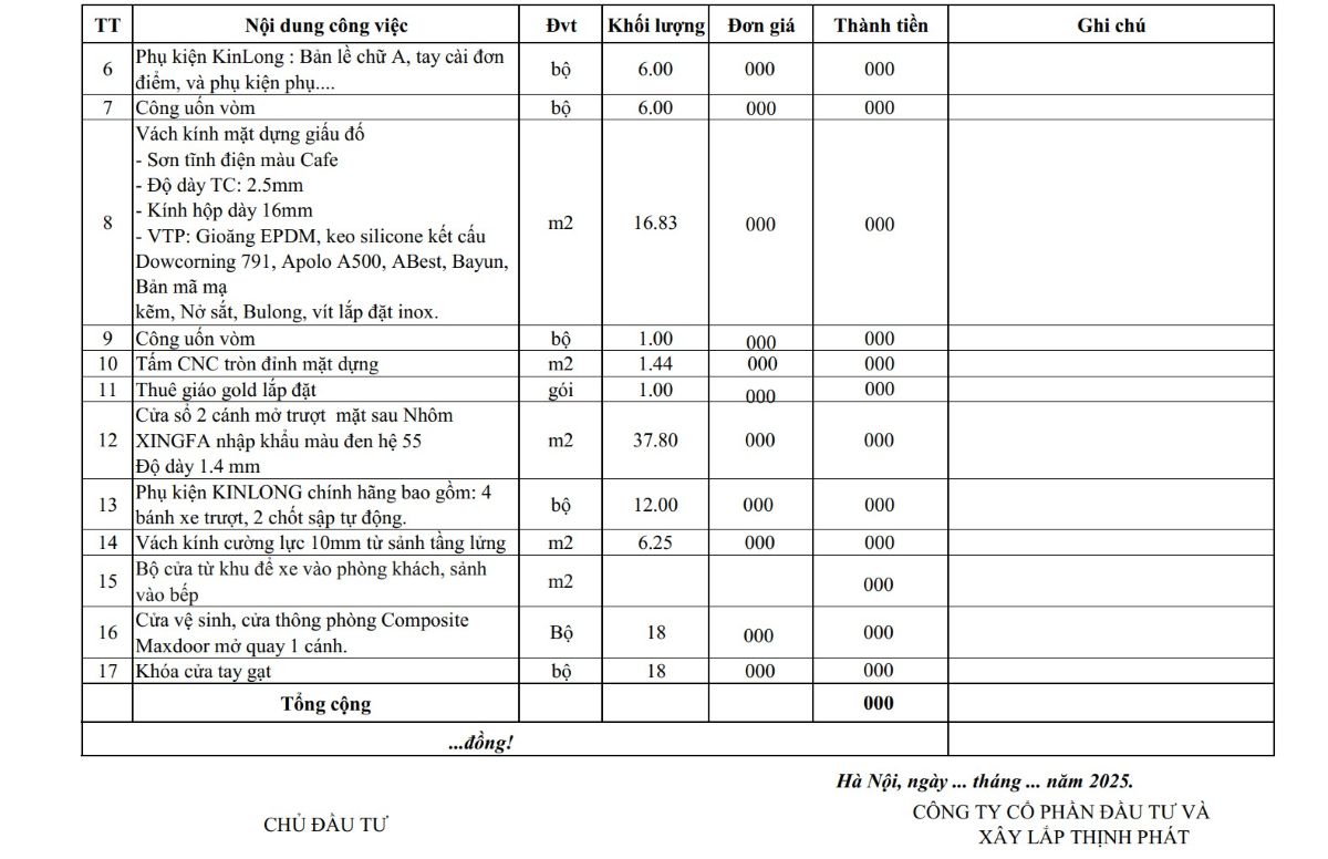 Bảng báo giá xây nhà trọn gói