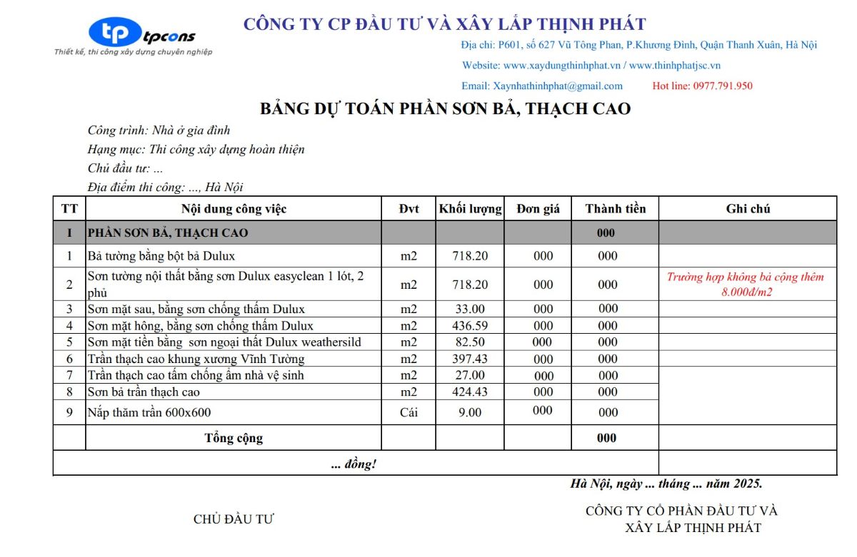 Bảng báo giá xây nhà trọn gói