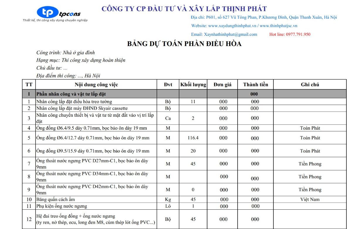 Bảng báo giá xây nhà trọn gói