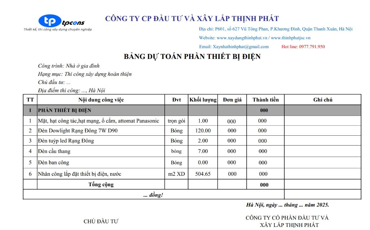 Bảng báo giá xây nhà trọn gói