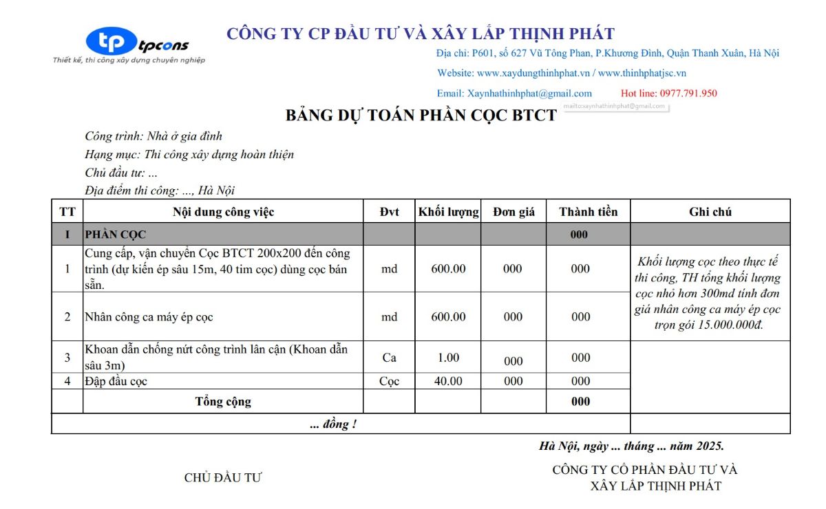 Bảng báo giá xây nhà trọn gói