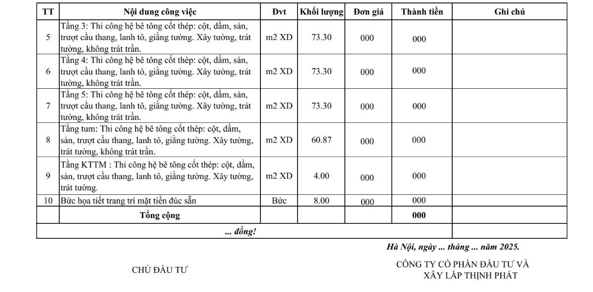 Bảng báo giá xây nhà trọn gói
