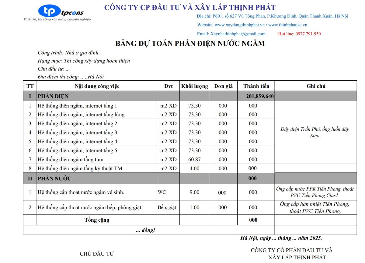Bảng báo giá xây nhà trọn gói