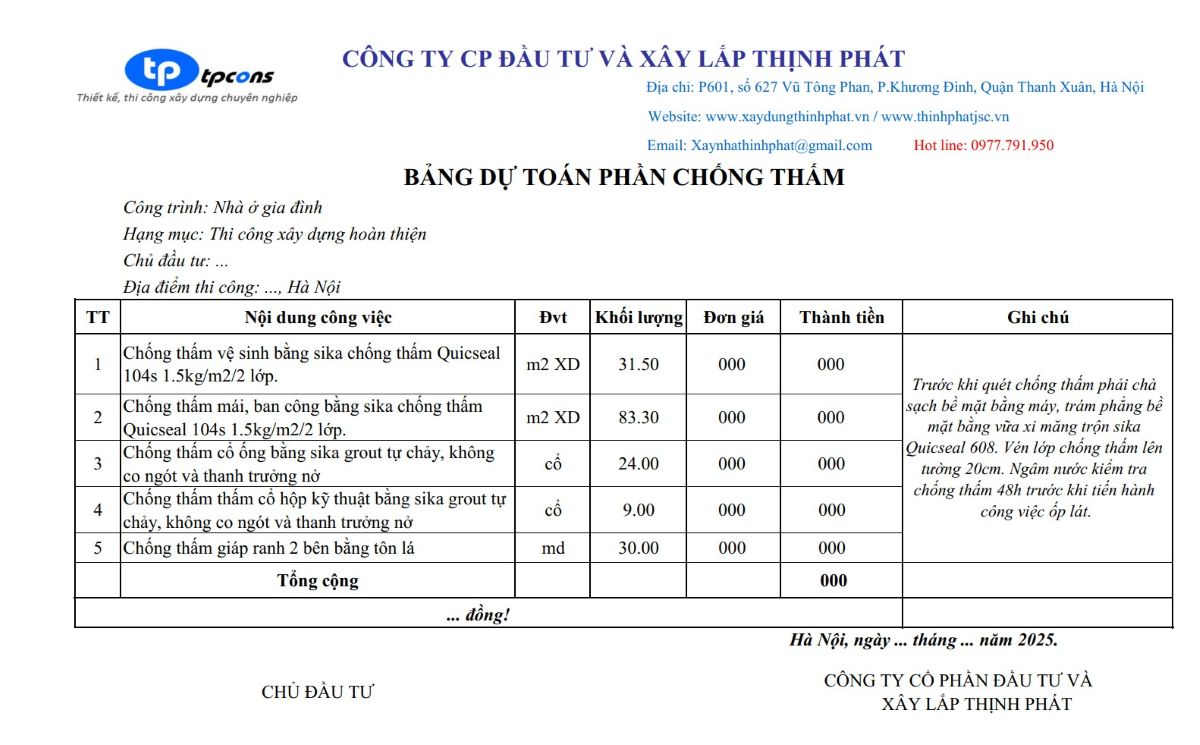 Bảng báo giá xây nhà trọn gói