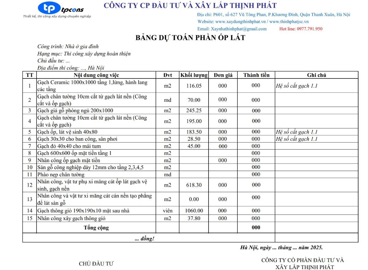 Bảng báo giá xây nhà trọn gói