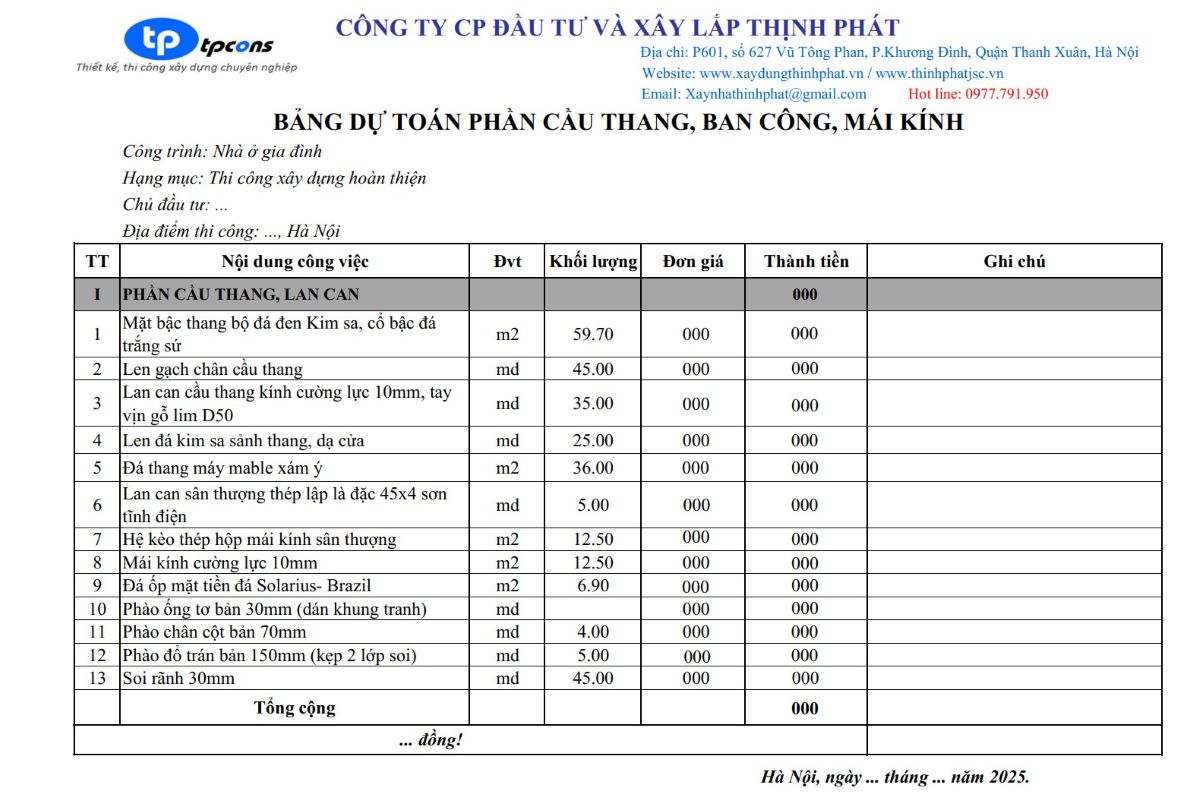 Bảng báo giá xây nhà trọn gói