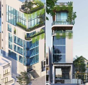 thiết kế nhà mặt tiền 7m có bán hầm làm văn phòng