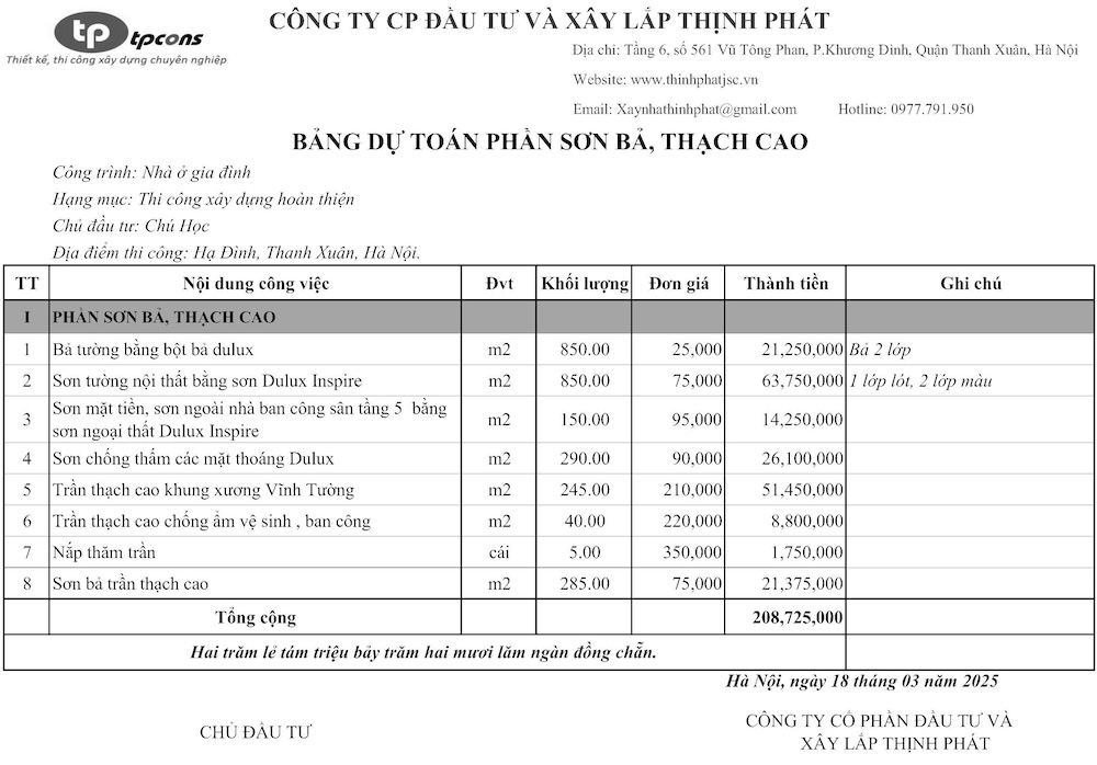 báo giá xây nhà trọn gói tại quận Thanh Xuân